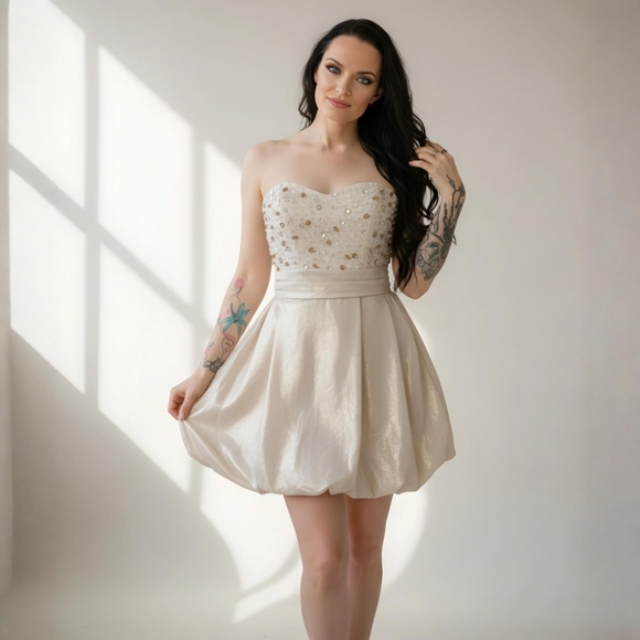 Badgley Mischka Dresses & Skirts - Mark + James ✦ Champagne Beaded Balloon Skirt Mini Dress ✦ Strapless Tube 4 NWT